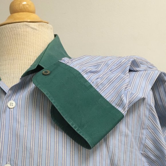 Prada blue stripe contrast green collar and cuffs cotton shirt 16 i41 - Picture 4 of 6